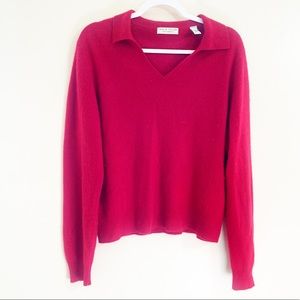 Lord & Taylor two ply cashmere sweater red sz XL V Neck with collar EUC